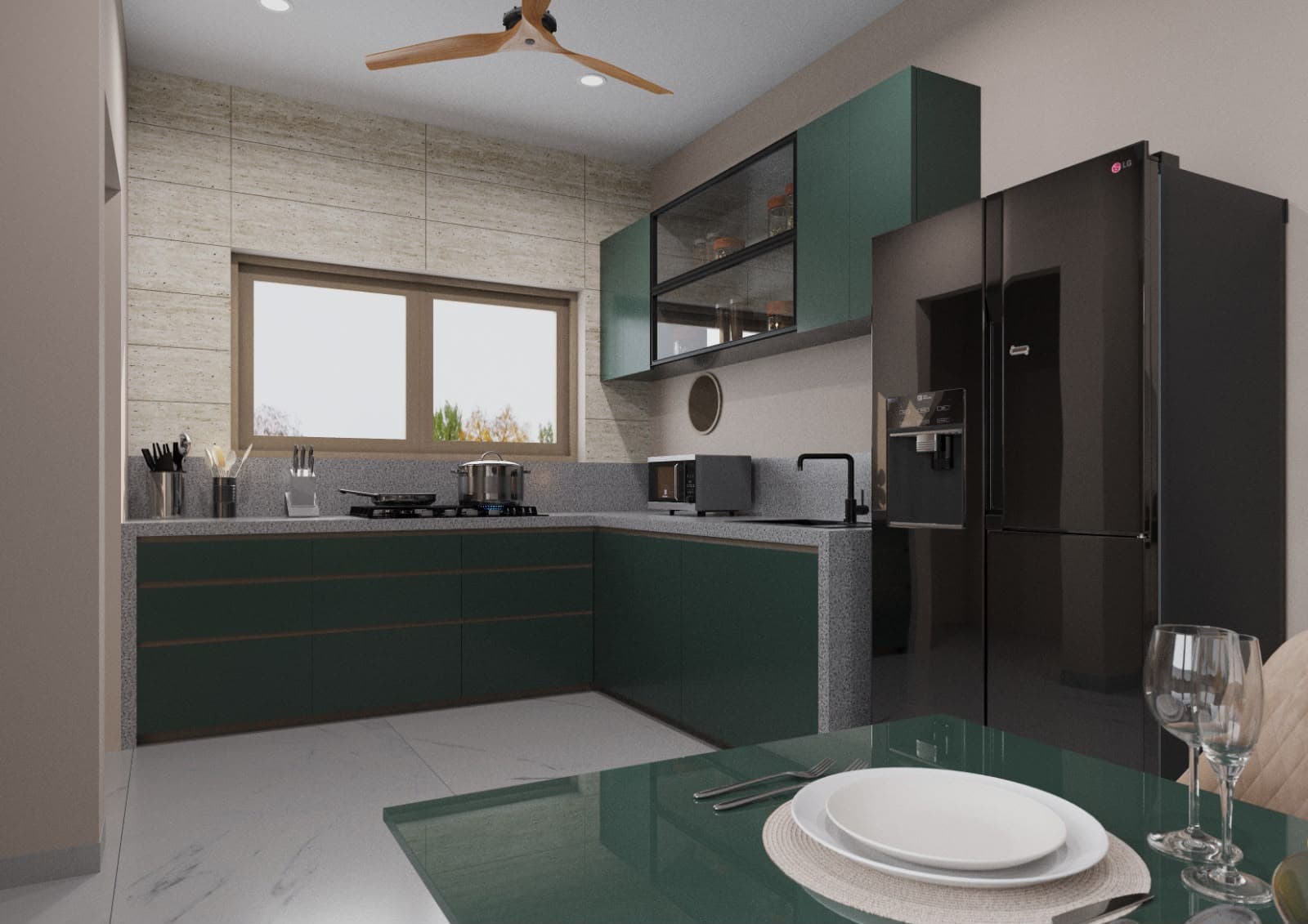 A contemporary RAVYA modular PVC kitchen with full-height storage and a clean, handleless finish.