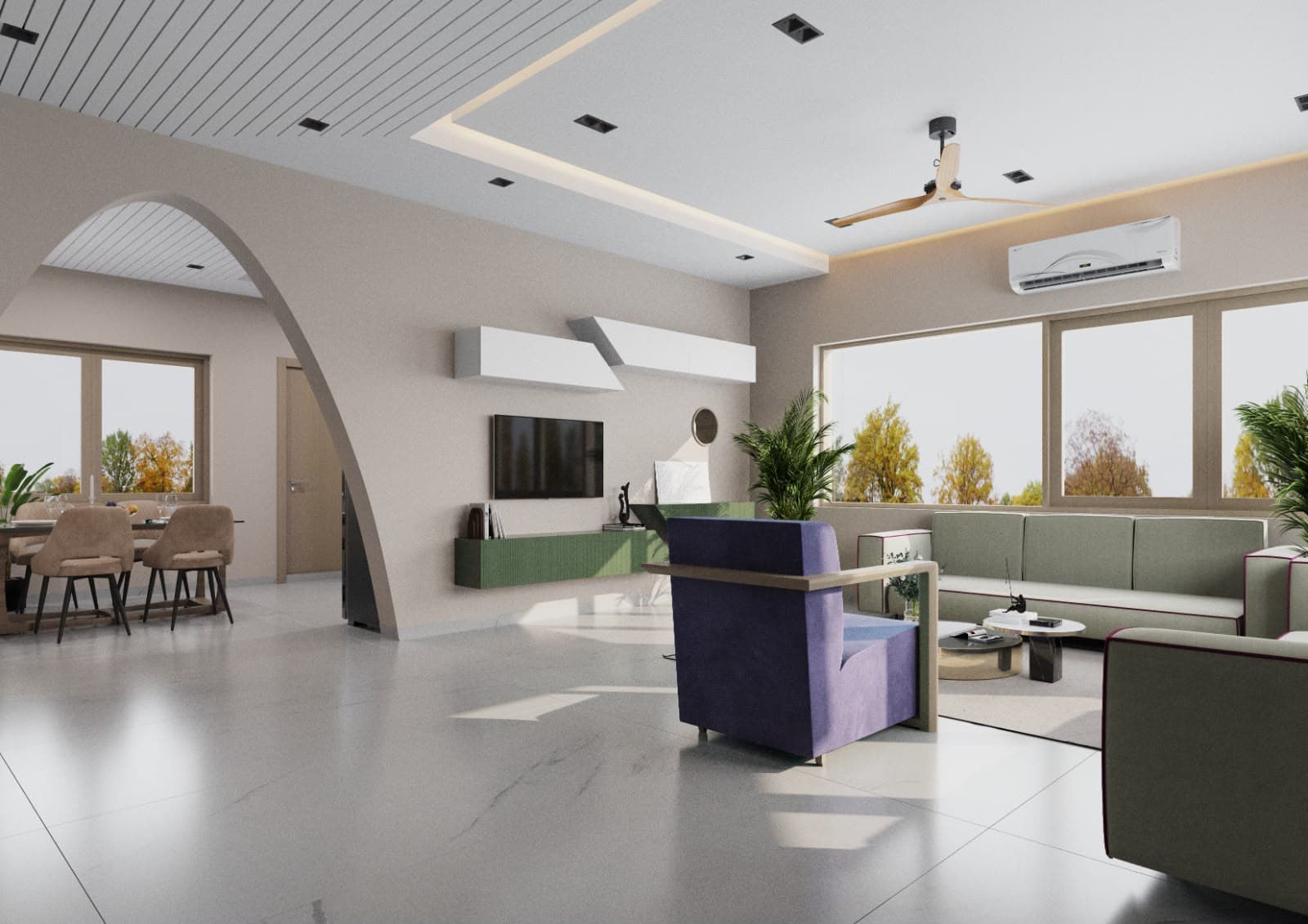 A RAVYA living room with a PVC media wall, display shelving and concealed storage.