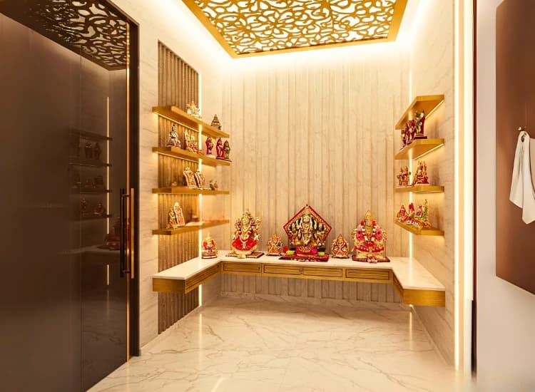 Luxury puja room with gold-finished shelves and backlit ceiling panel.