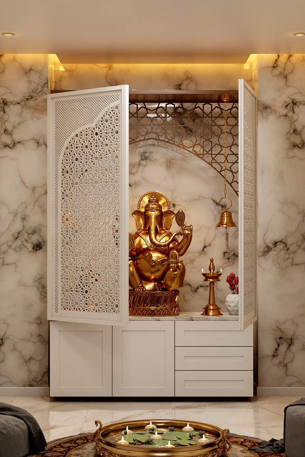 White PVC temple unit with lattice doors and marble surrounds.