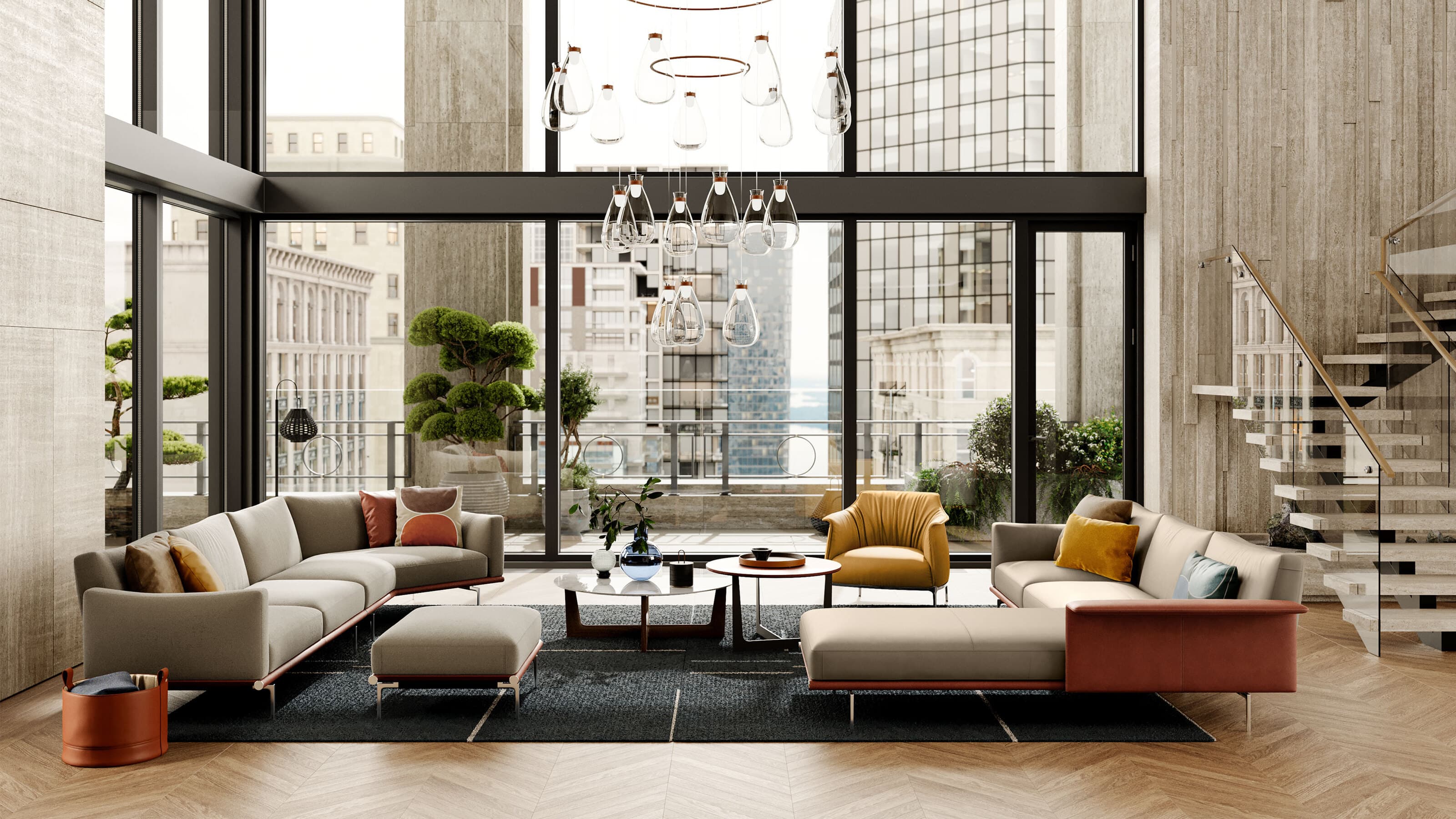 A double-height RAVYA living room with skyline views and considered furniture.