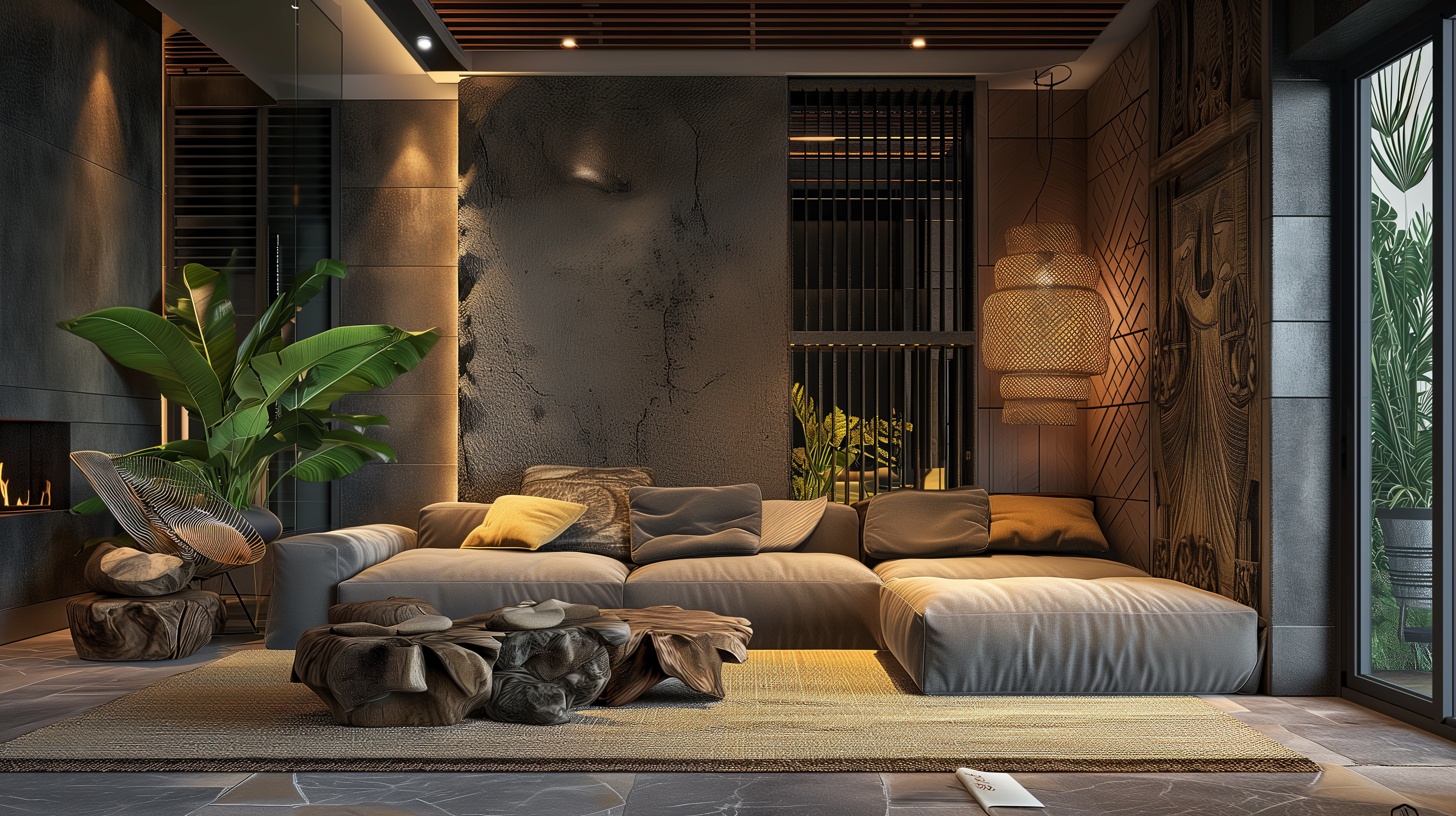 A moody, richly textured RAVYA living space with warm lighting.