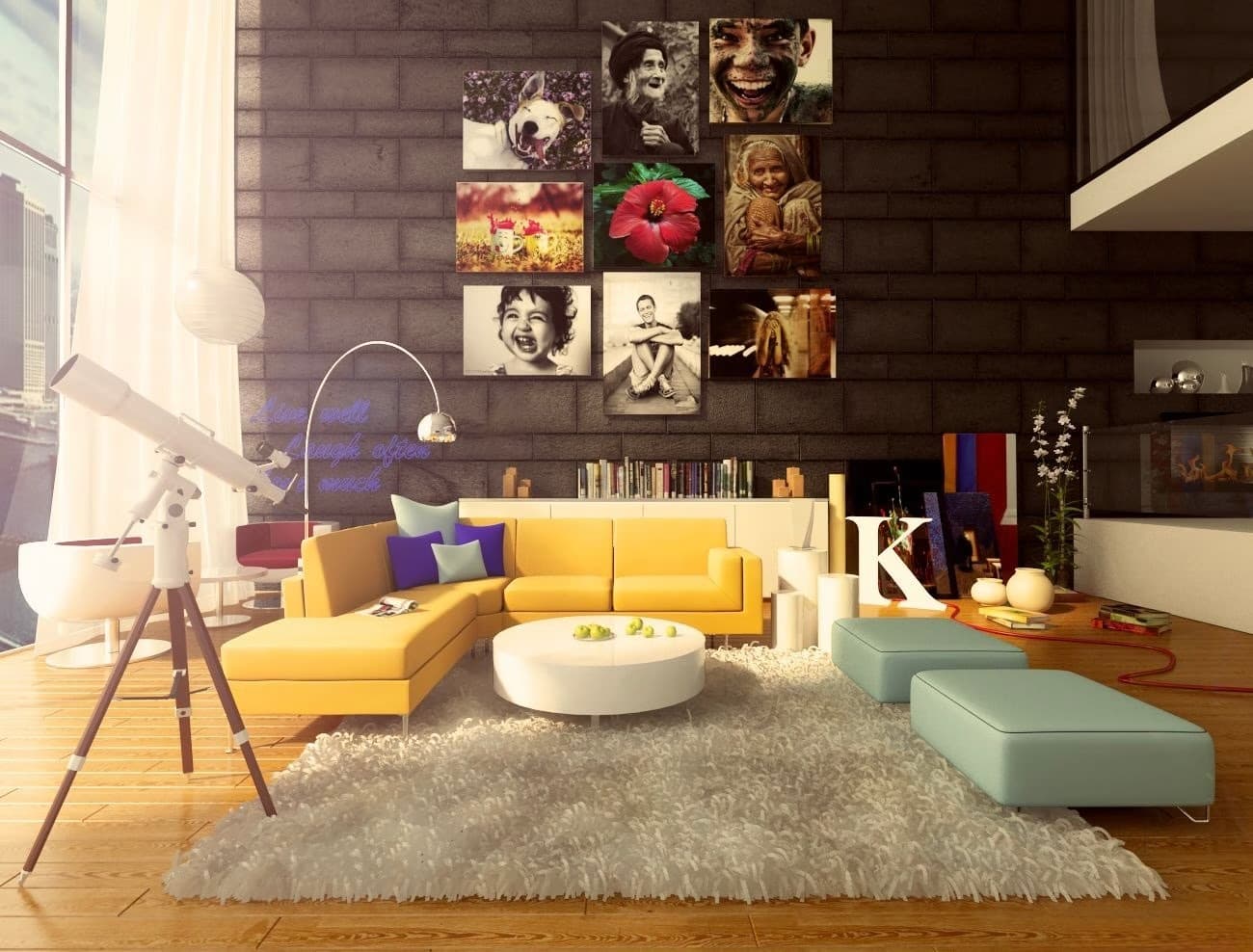 A contemporary commercial lounge with bold colour and considered seating.