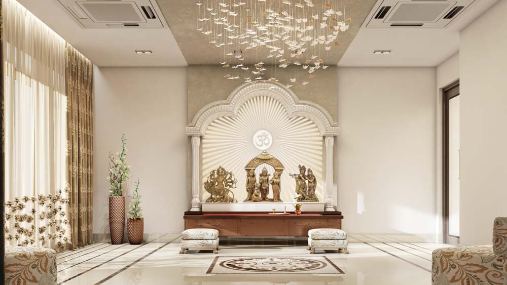 An ornate PVC temple unit with gold statuary, classical architecture and integrated lighting.