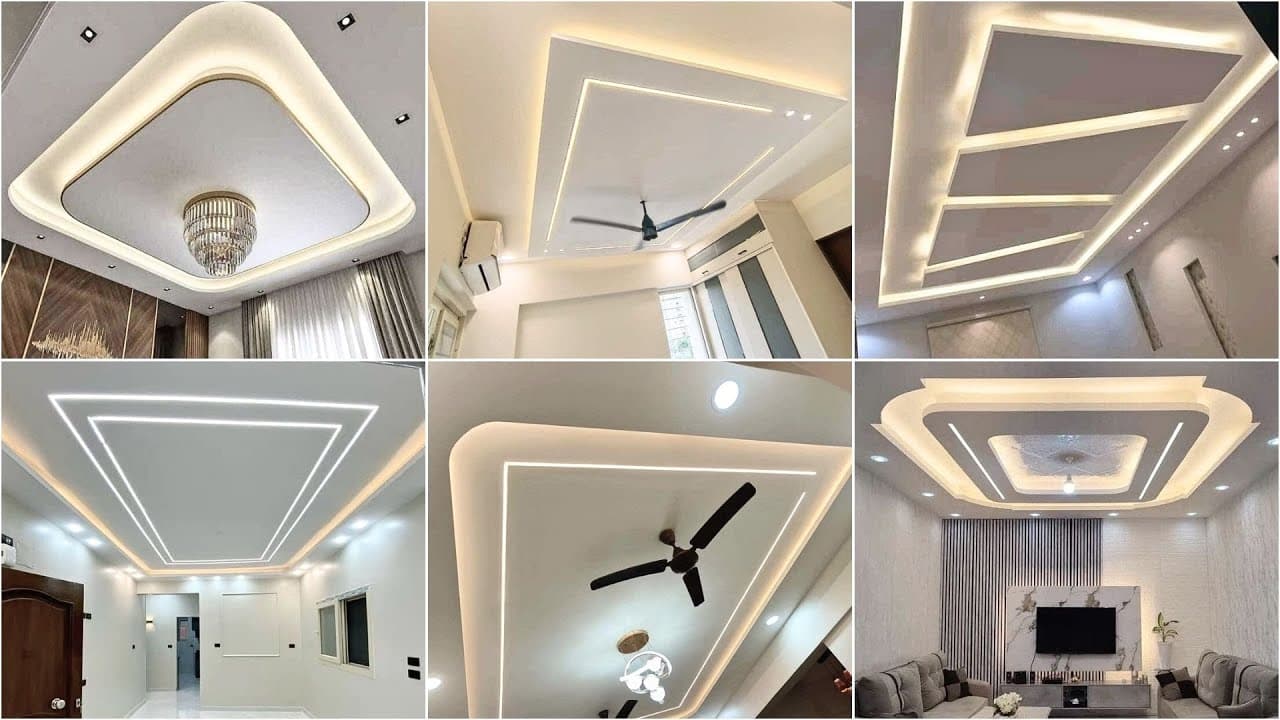 PVC false ceiling compositions with geometric patterns and integrated LED lighting.