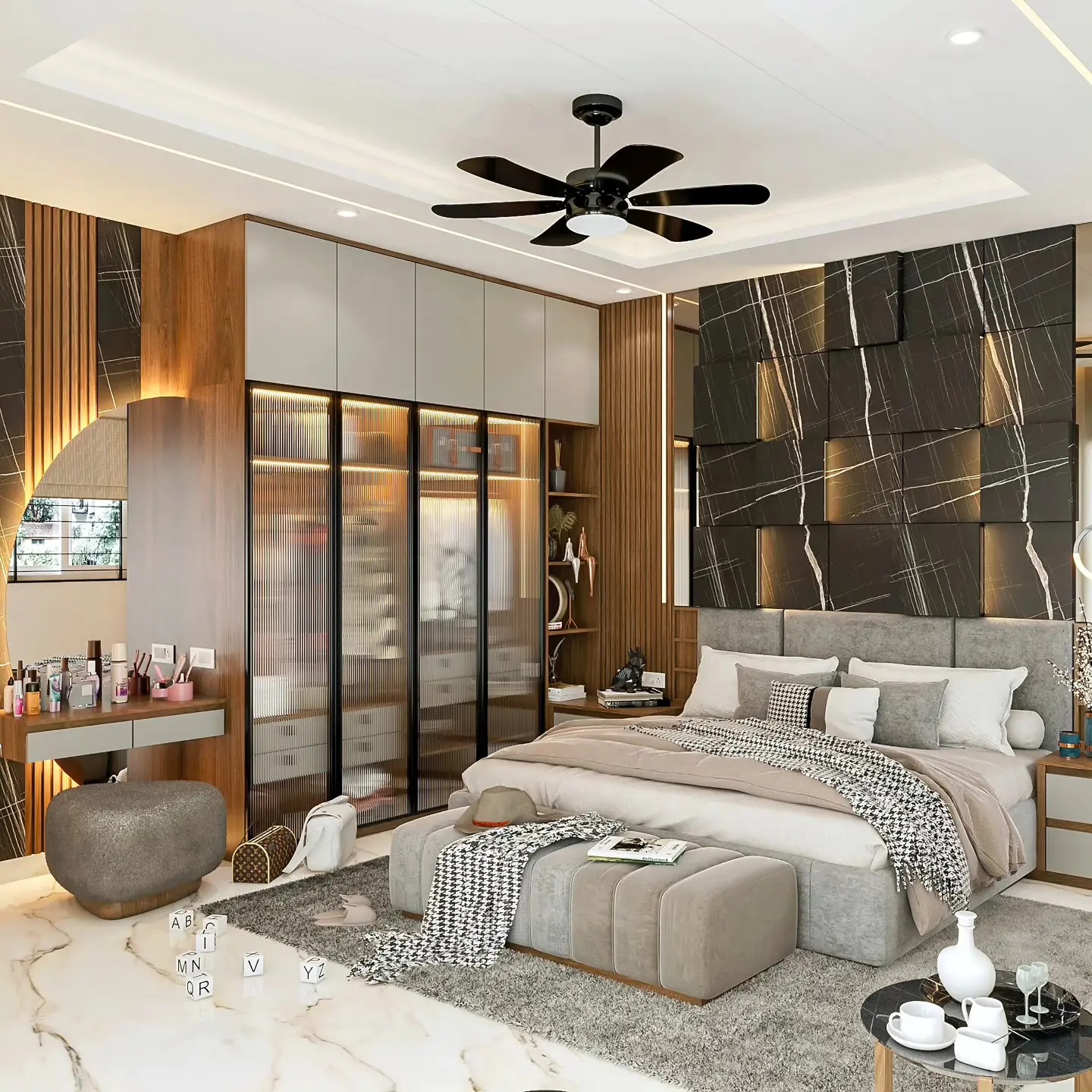 Paired RAVYA wardrobe and bedroom furniture in a warm finish.