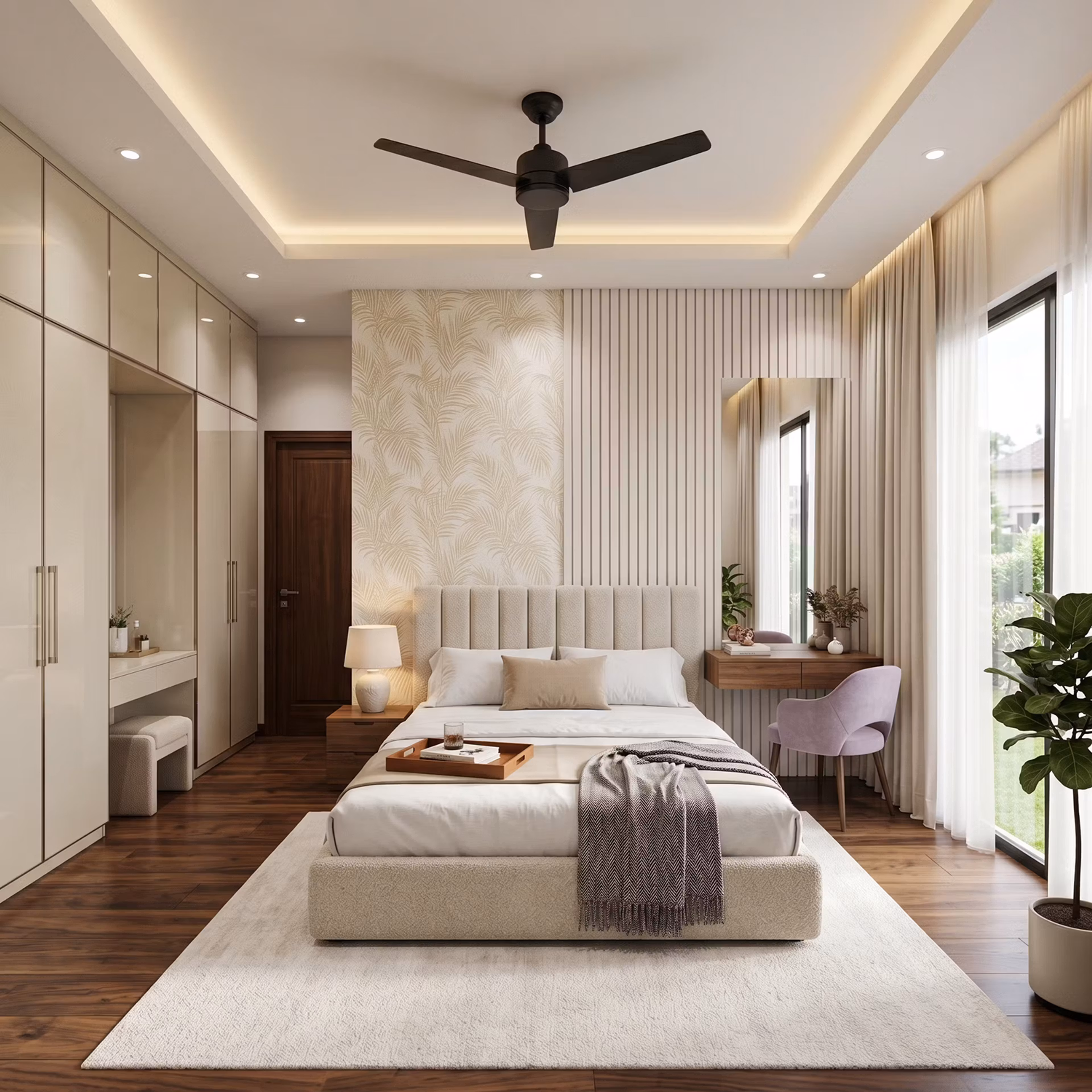 A complete RAVYA bedroom interior with wardrobe, bed and dresser.