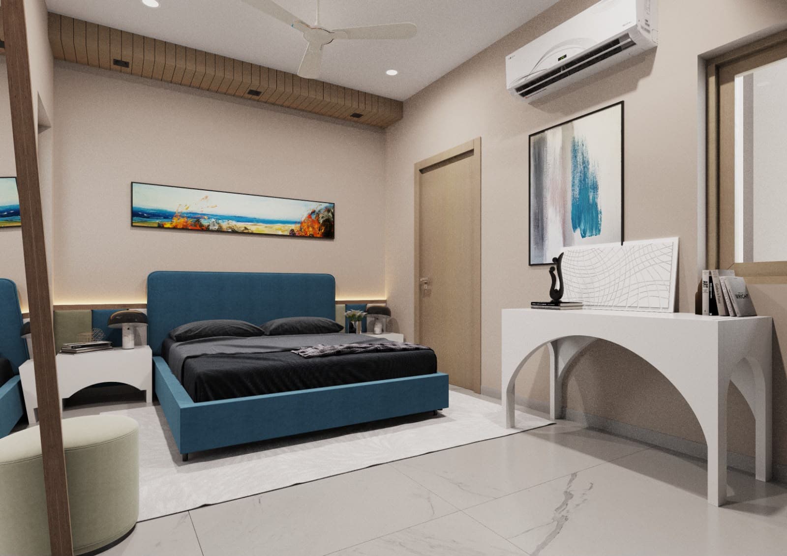 RAVYA bedroom with considered storage and quiet wood-look detailing.