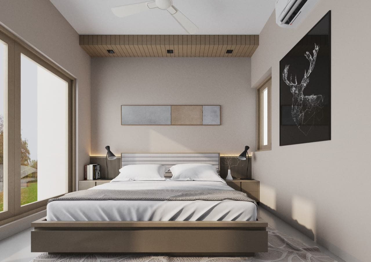 Calm RAVYA bedroom interior with a full-height PVC wardrobe.