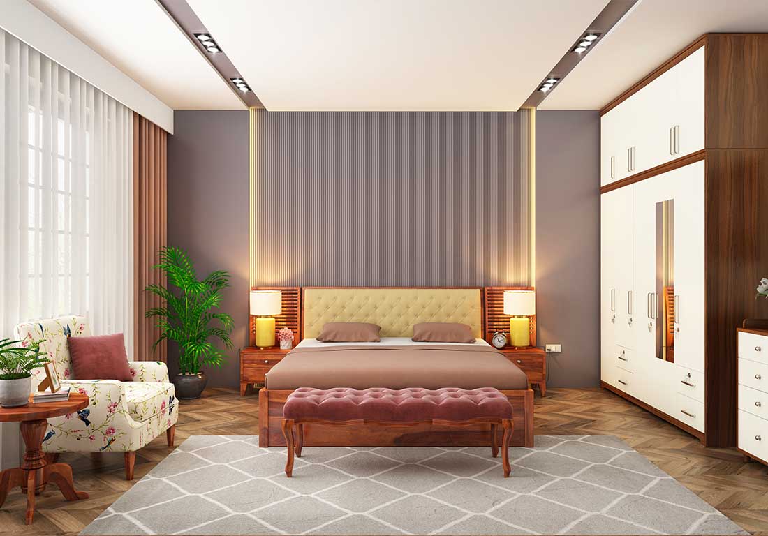 Tailored RAVYA bedroom furniture with a storage bed and side units.