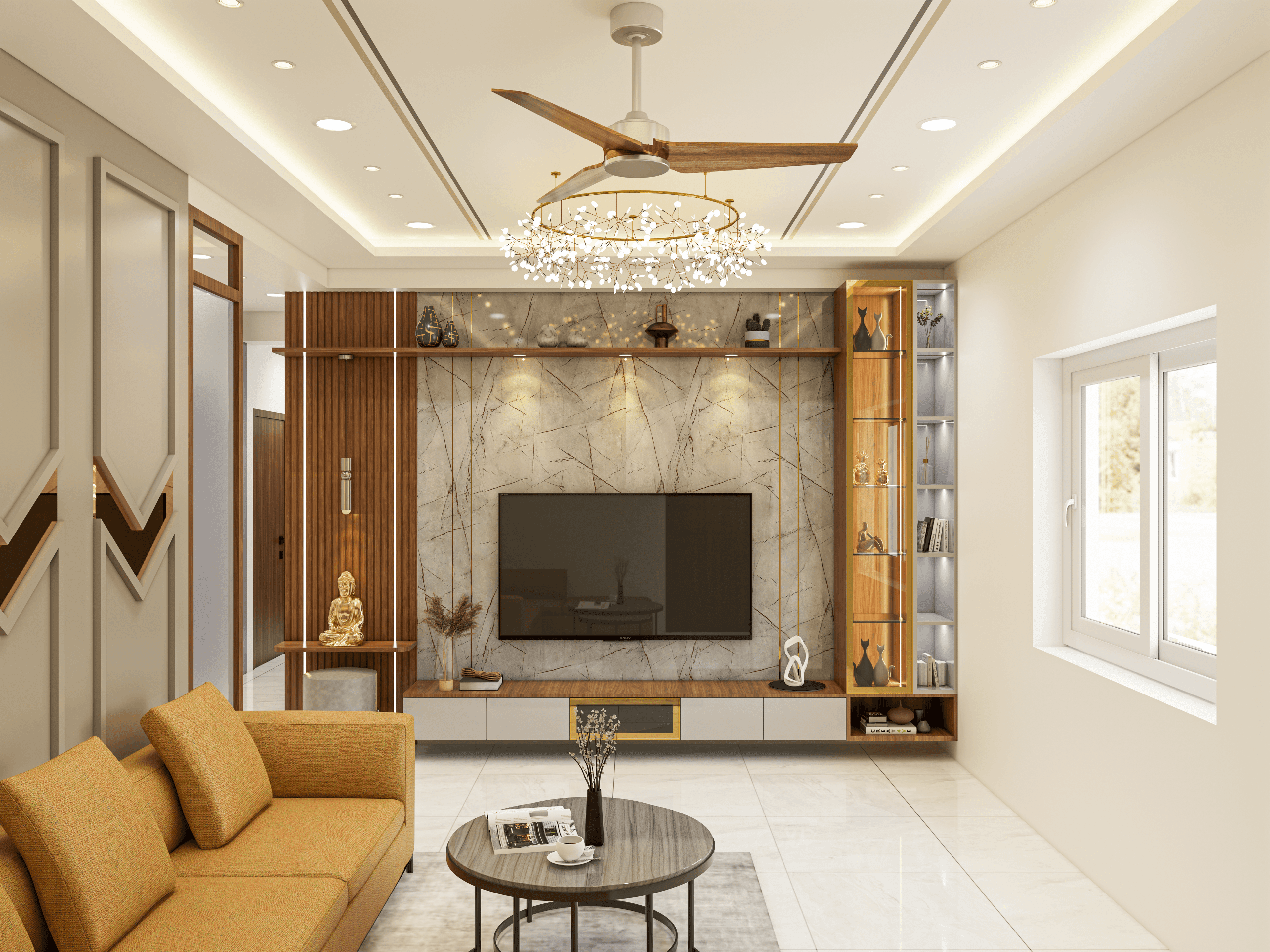 A full RAVYA false-ceiling installation with integrated cove lighting.