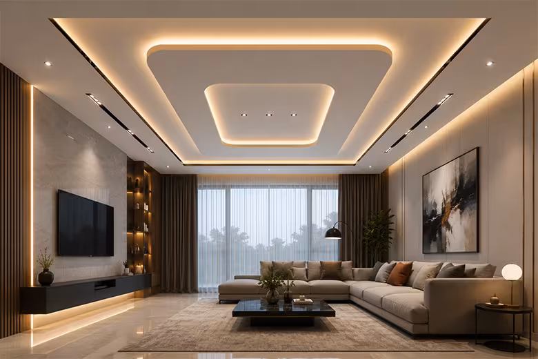Lighting-ready RAVYA ceiling layout with clean recessed channels.