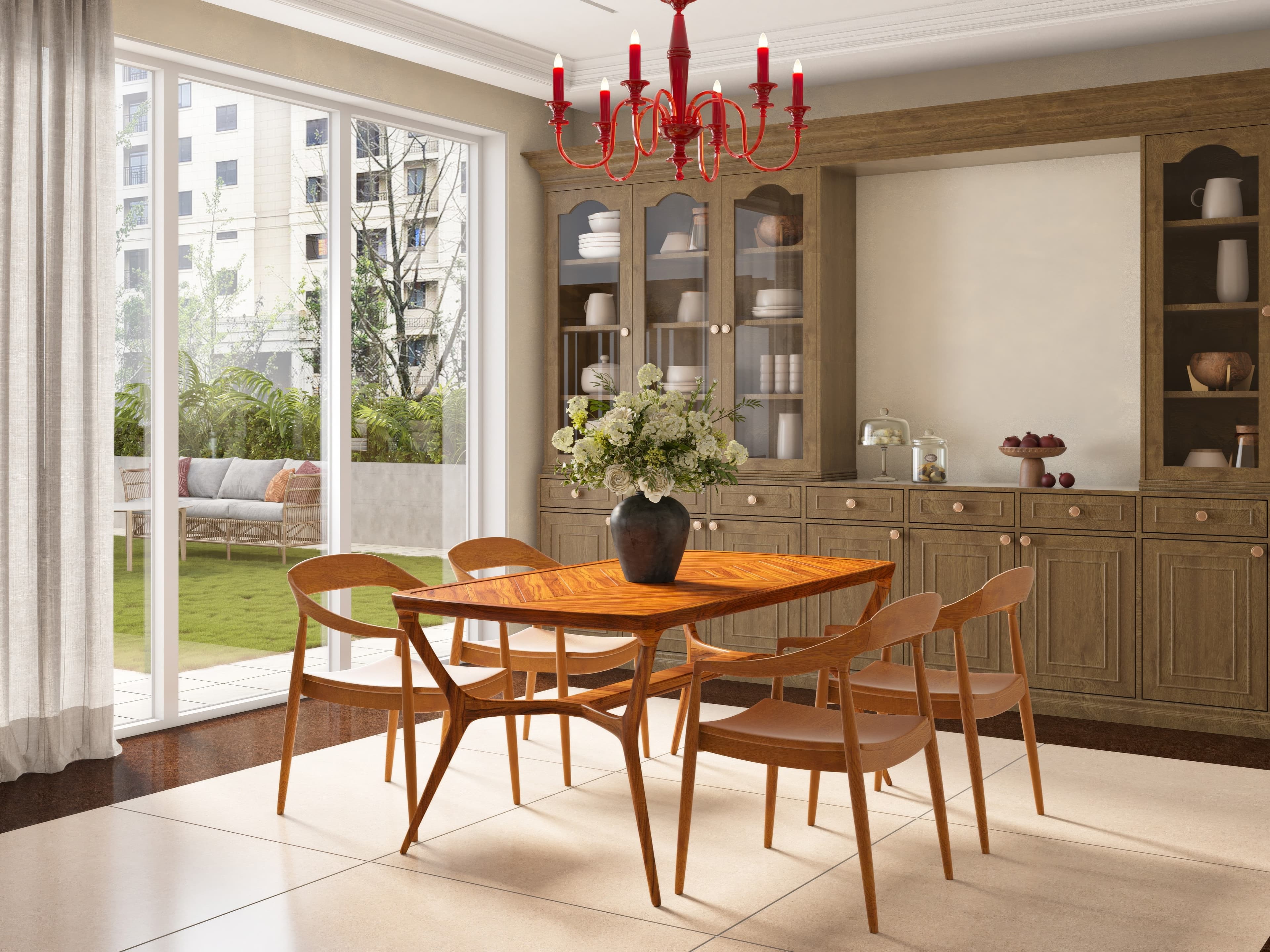 Open-plan RAVYA kitchen and dining space with matching PVC cabinetry.