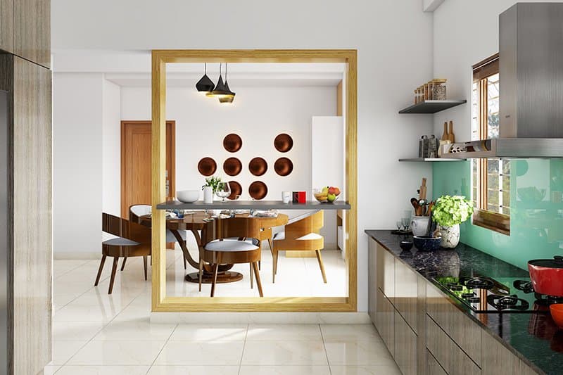 Refined RAVYA kitchen detailing with a gloss finish and slim handles.
