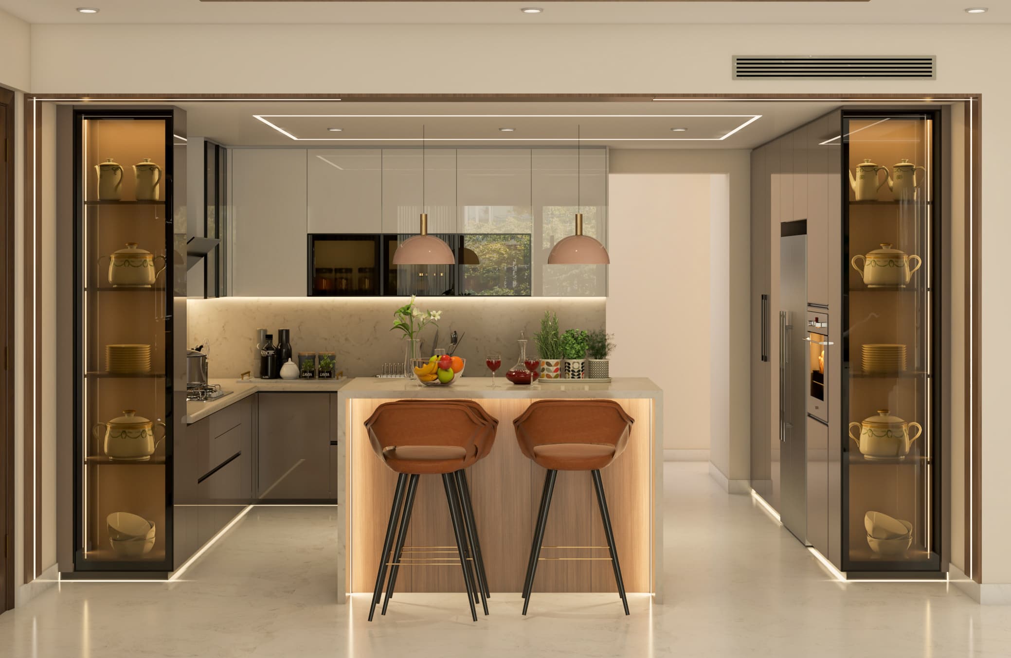 A finished RAVYA modular kitchen composition with layered storage.