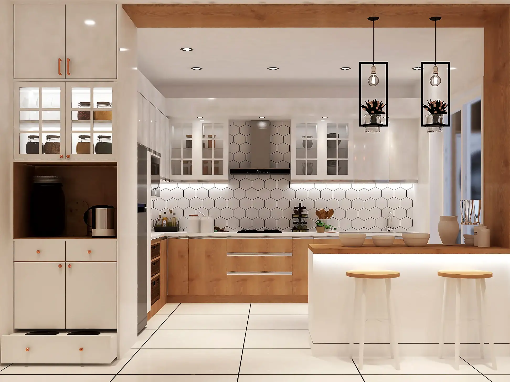 Contemporary RAVYA PVC kitchen with handleless base units and a tall pantry.