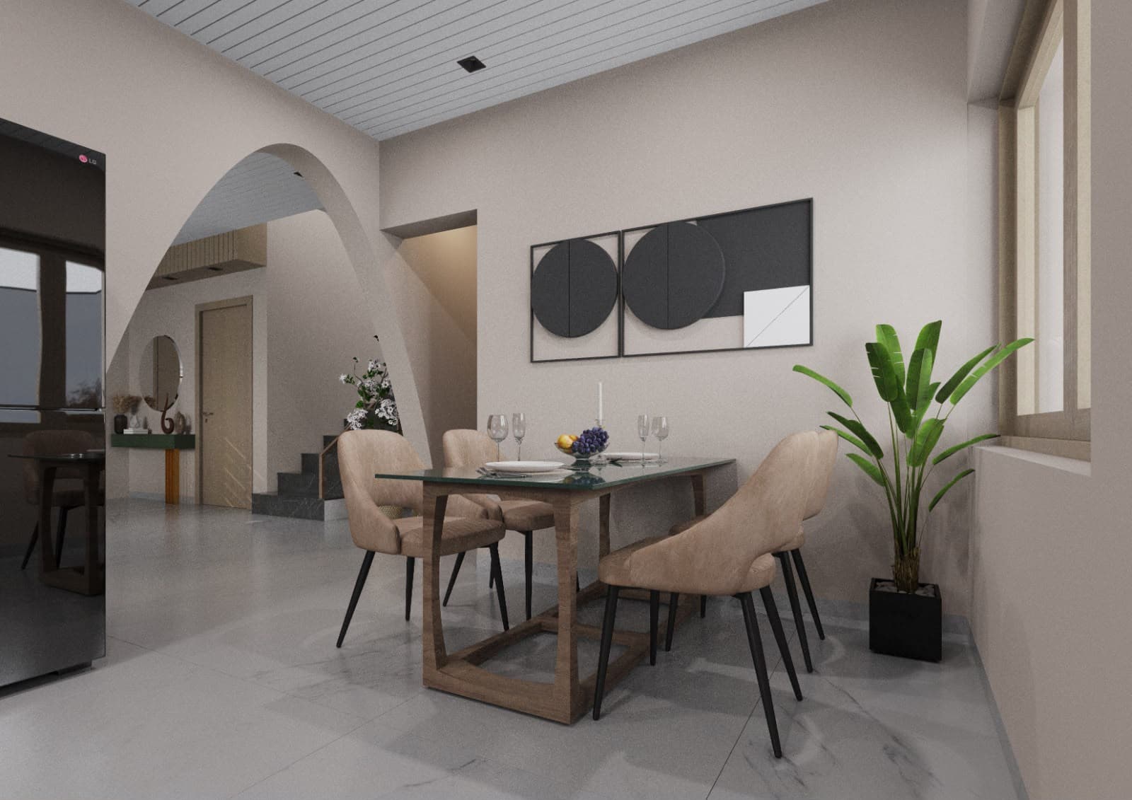 Warm-toned RAVYA kitchen interior with wood-look PVC shutters.