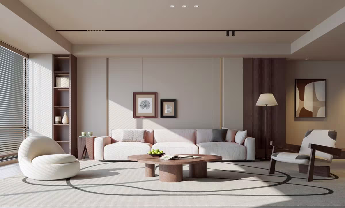 A finished RAVYA living room composition with warm PVC finishes.