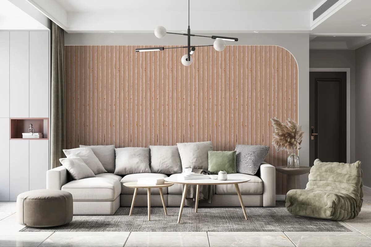 Warm RAVYA living room interior with a wood-look feature wall.
