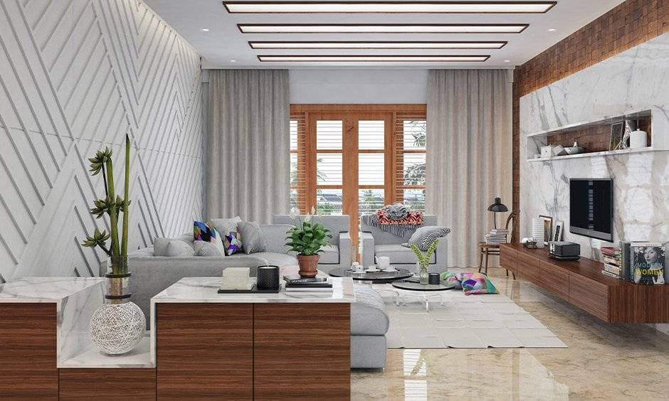 RAVYA living room seating and display area with layered lighting.