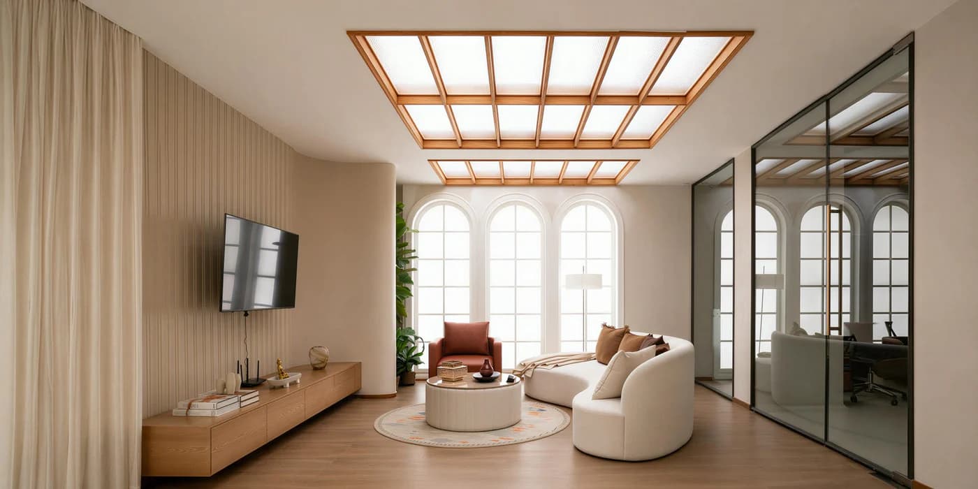 Refined RAVYA living room detailing with open and closed storage.