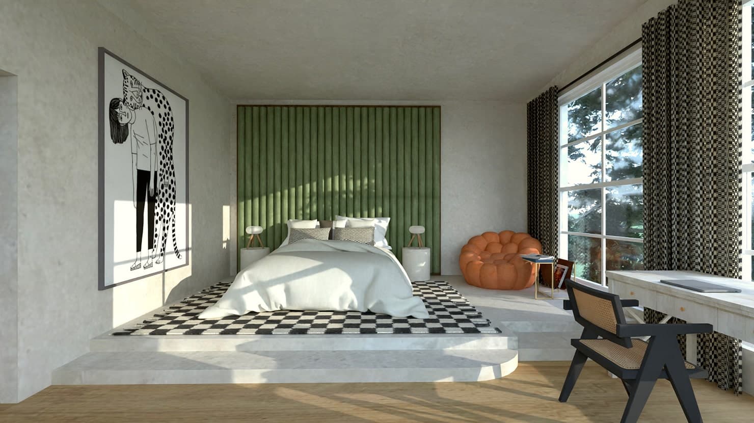 RAVYA bedroom with a restful furniture composition and a storage headboard.