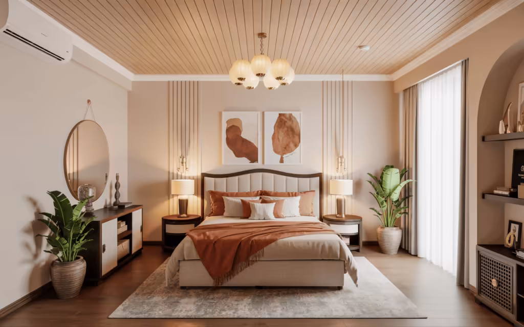 RAVYA PVC false ceiling with a perimeter cove and recessed lighting.