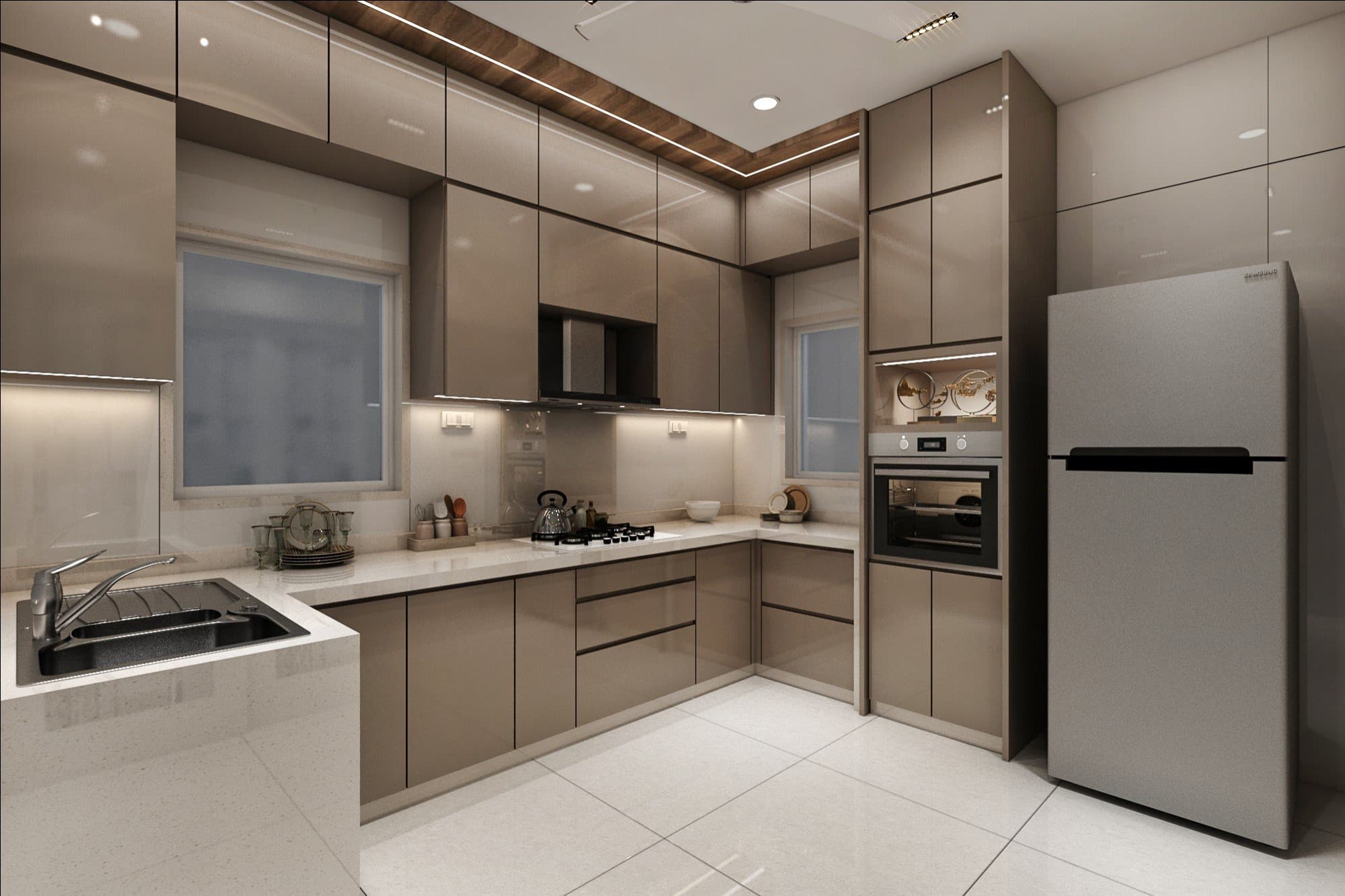RAVYA modular PVC kitchen with an L-shaped layout and warm wood-grain cabinetry.